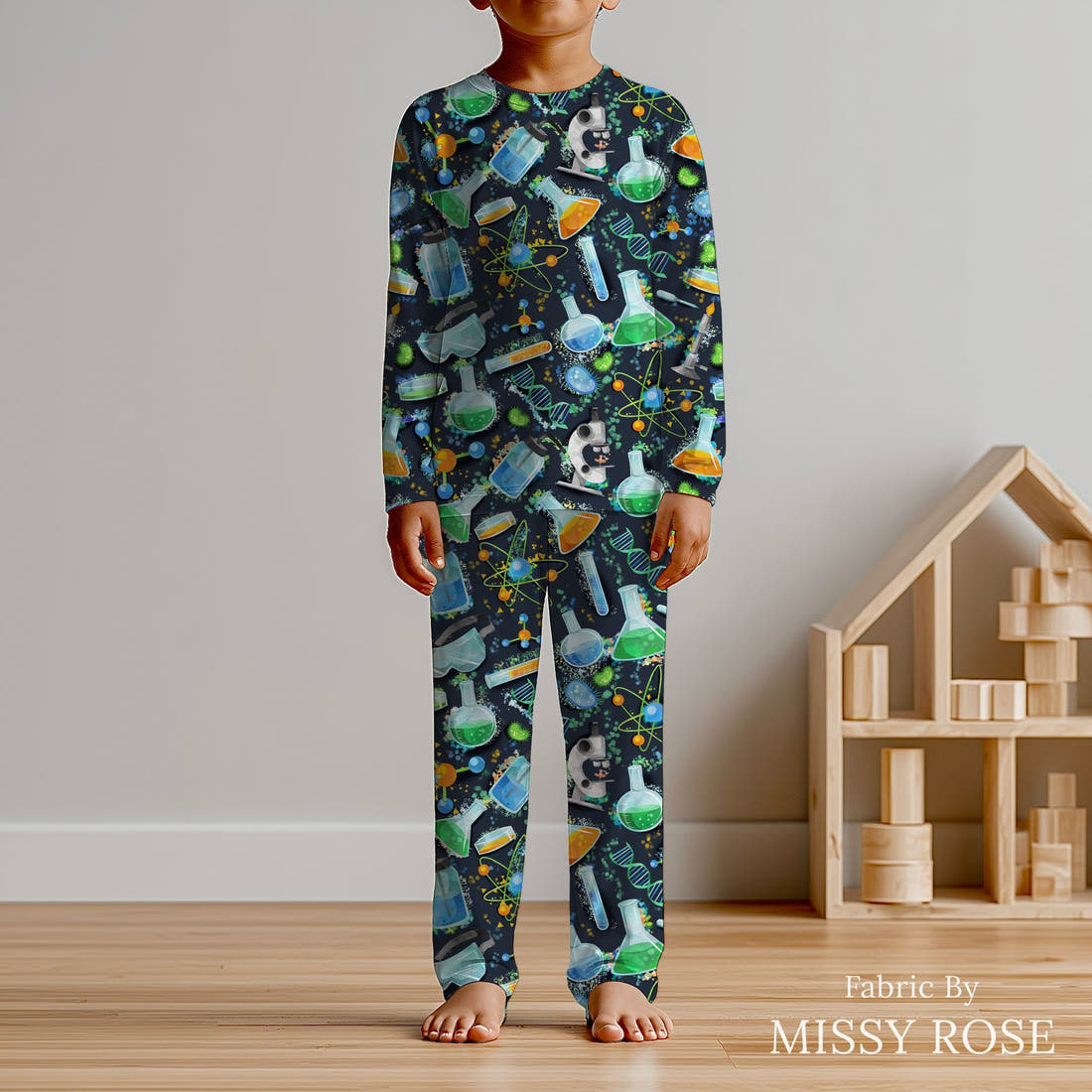 Design 487 Science Fabric sewn into kids' pyjamas – see how the print looks made up | Fabric by Missy Rose