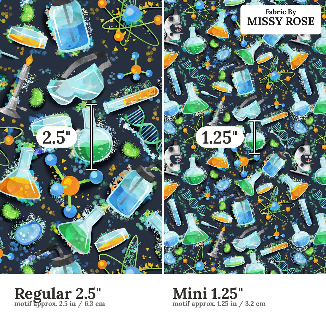 Design 487 Science Fabric size comparison - print scale | Fabric by Missy Rose