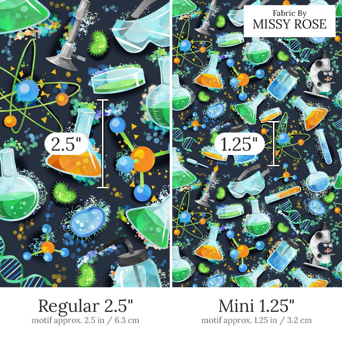 Design 487 Science Fabric Regular 2.5 inch vs Mini 1.25 inch print scale side by side | Fabric by Missy Rose