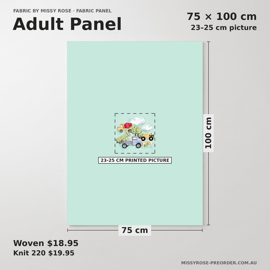 Design 488 Worksite Panel adult panel sizing – 23–25 cm printed picture on 75 × 100 cm fabric | Fabric by Missy Rose