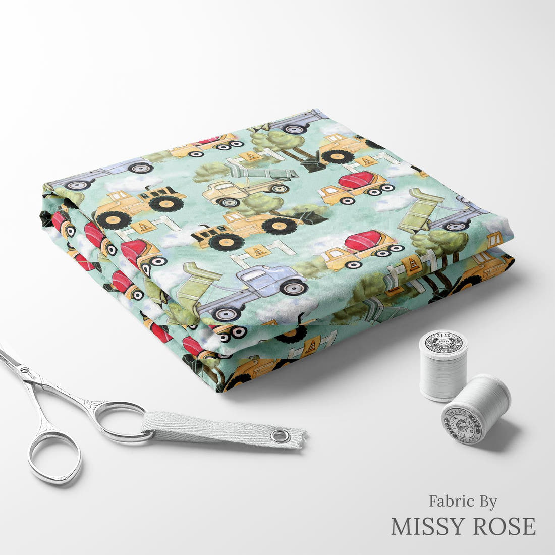 Design 488 Worksite Fabric folded fabric stack with matching thread – pre-order fabric Australia | Fabric by Missy Rose