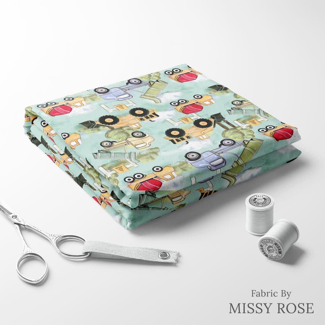 Design 488 Worksite Fabric folded fabric stack with matching thread – pre-order fabric Australia | Fabric by Missy Rose