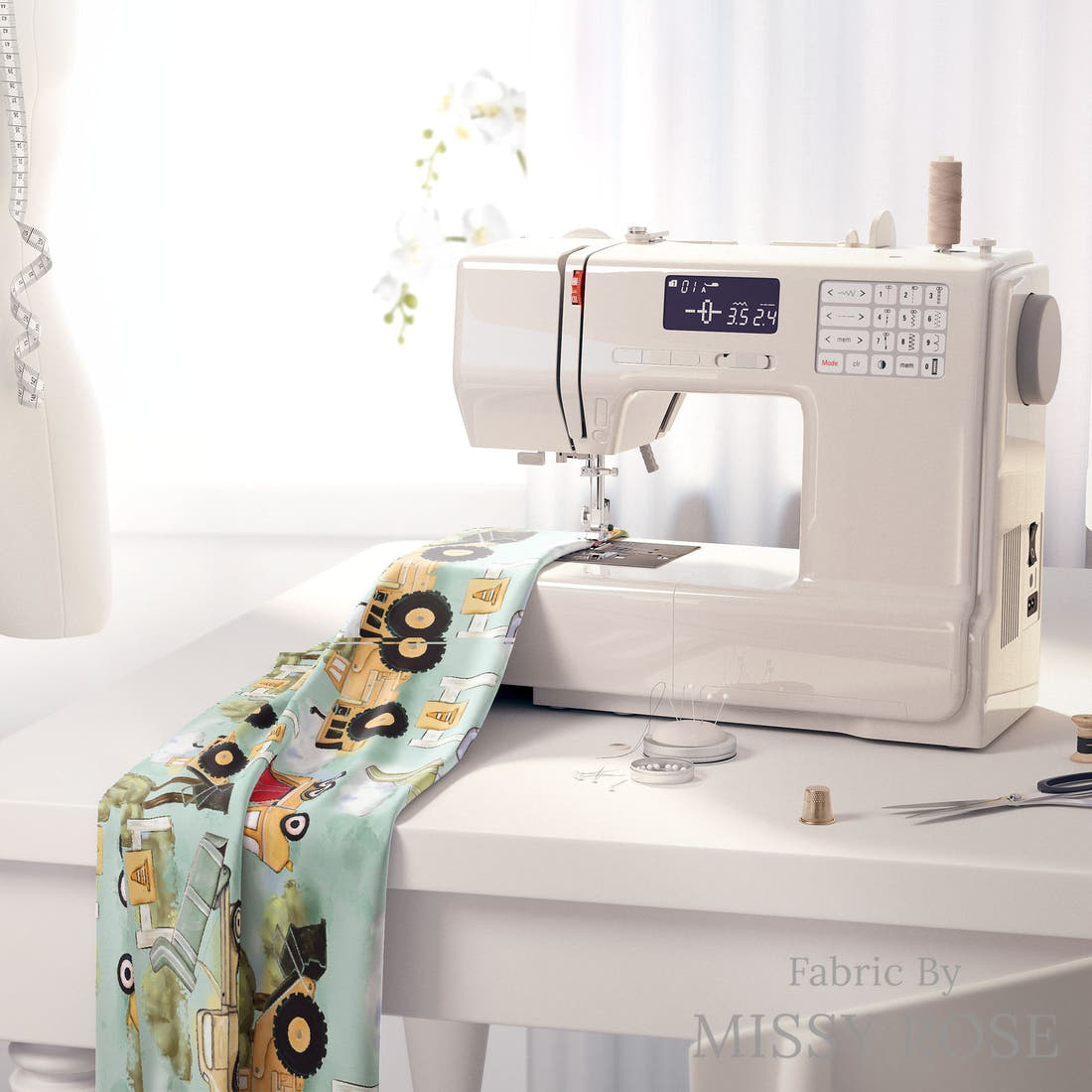 Design 488 Worksite Fabric on a sewing machine – premium fabric for sewing projects | Fabric by Missy Rose