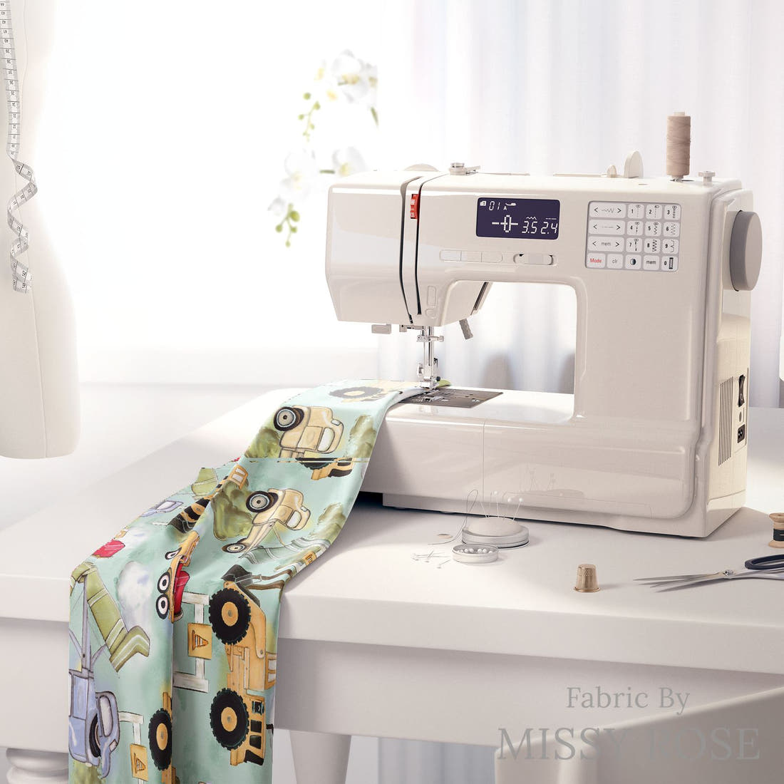 Design 488 Worksite Fabric on a sewing machine – premium fabric for sewing projects | Fabric by Missy Rose