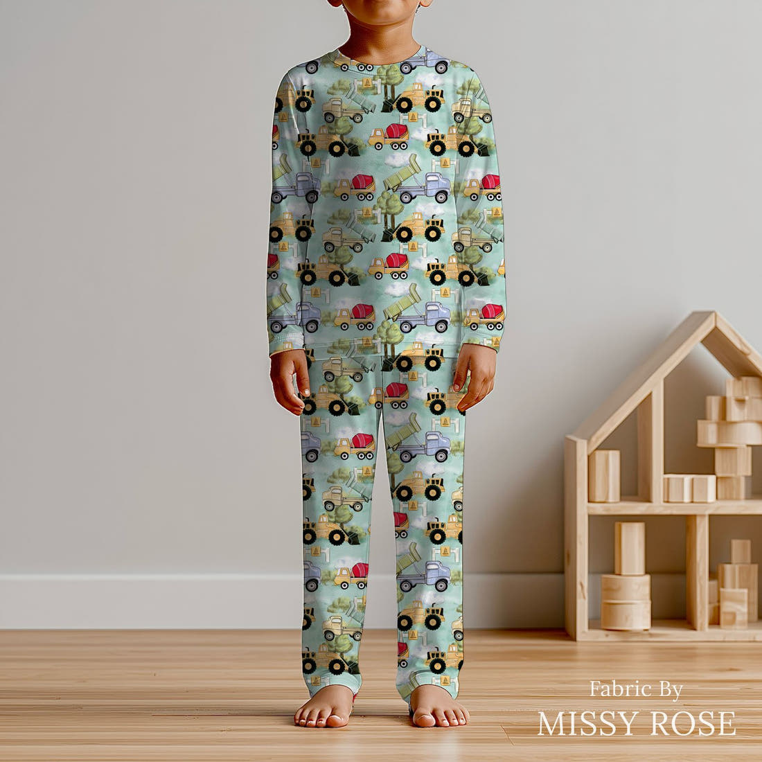 Design 488 Worksite Fabric sewn into kids' pyjamas – see how the print looks made up | Fabric by Missy Rose