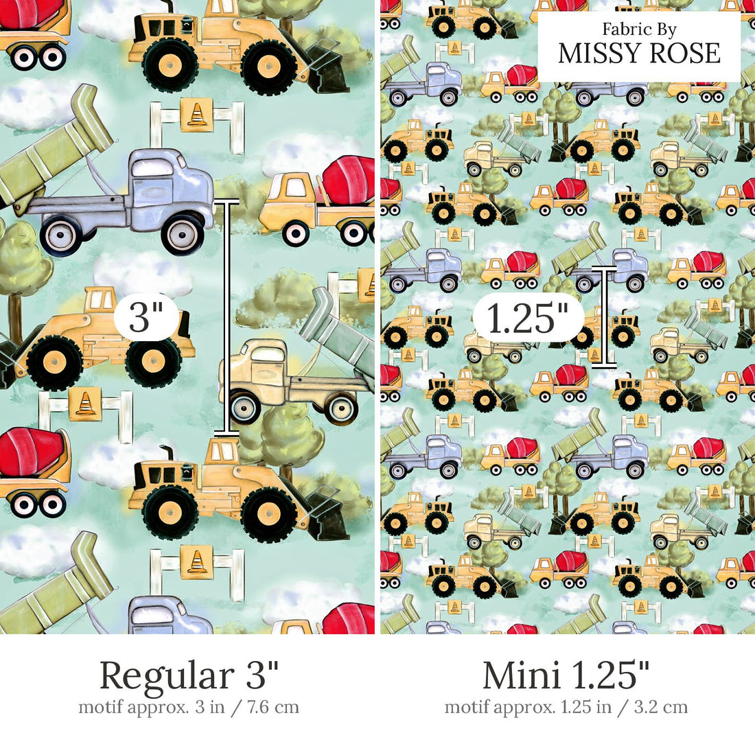Design 488 Worksite Fabric Regular 3 inch vs Mini 1.25 inch print scale side by side | Fabric by Missy Rose