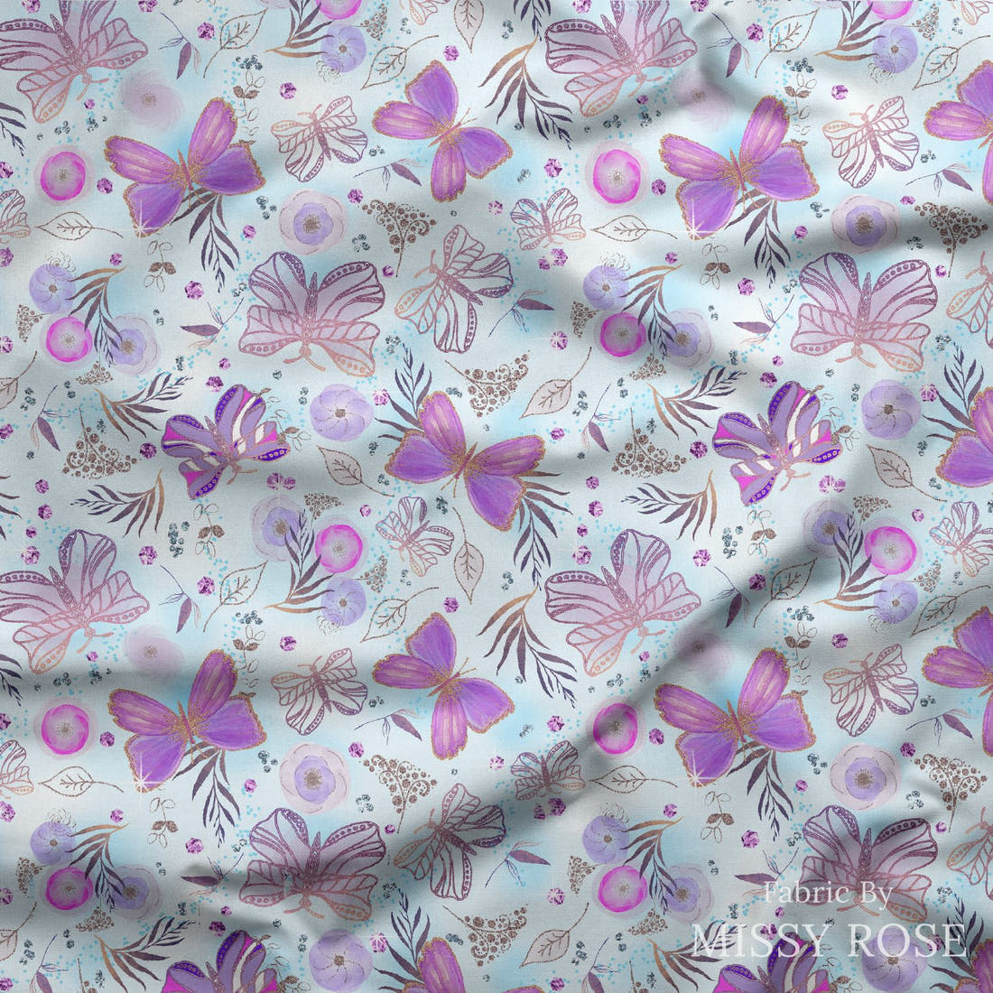 Design 489 Butterfly Fabric draped fabric mockup – custom printed fabric by the metre | Fabric by Missy Rose