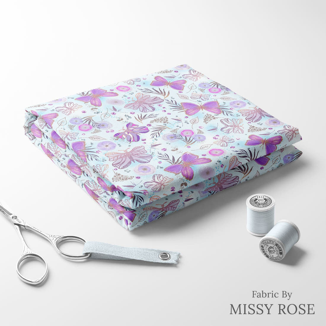 Design 489 Butterfly Fabric folded fabric stack with matching thread – pre-order fabric Australia | Fabric by Missy Rose