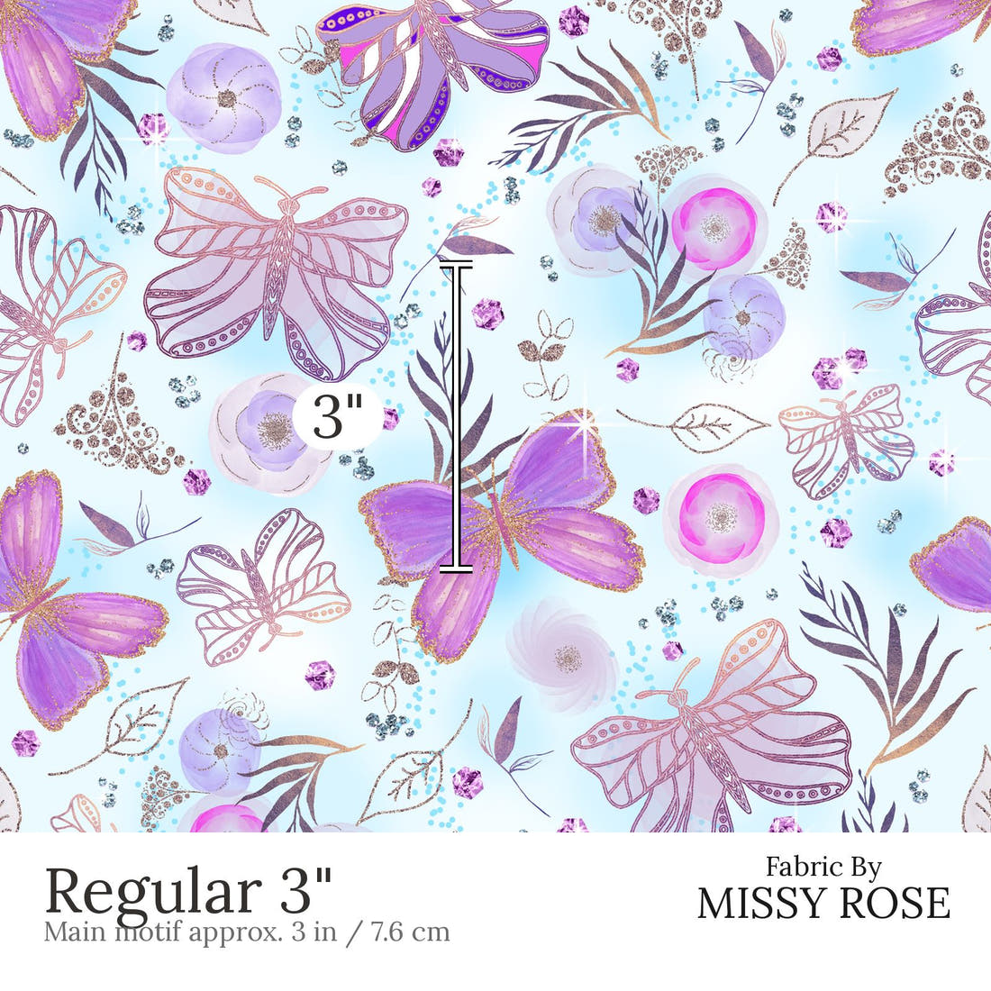 Design 489 Butterfly Fabric Regular 3 inch print scale guide | Fabric by Missy Rose