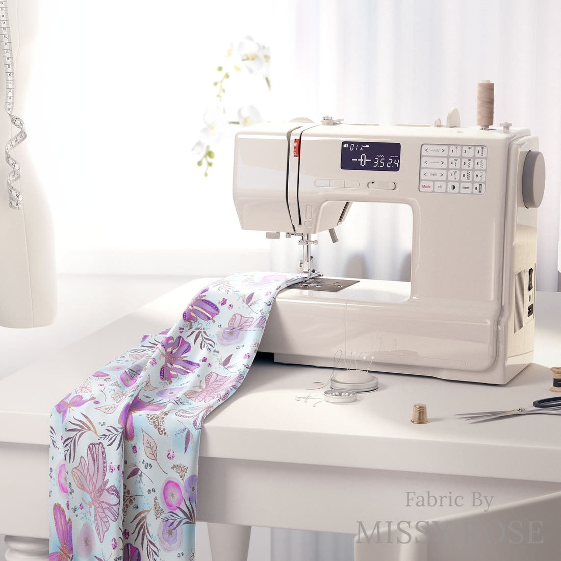 Design 489 Butterfly Fabric on a sewing machine – premium fabric for sewing projects | Fabric by Missy Rose