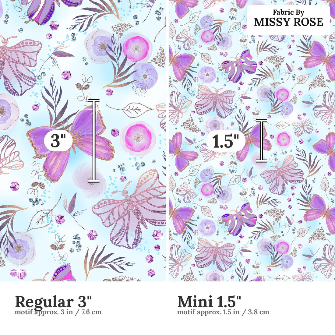 Design 489 Butterfly Fabric size comparison - print scale | Fabric by Missy Rose