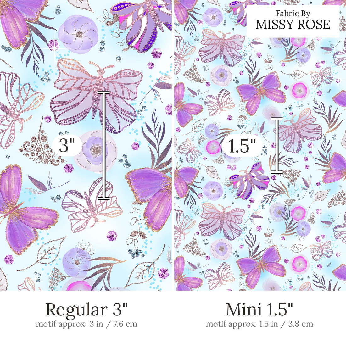 Design 489 Butterfly Fabric Regular 3 inch vs Mini 1.5 inch print scale side by side | Fabric by Missy Rose