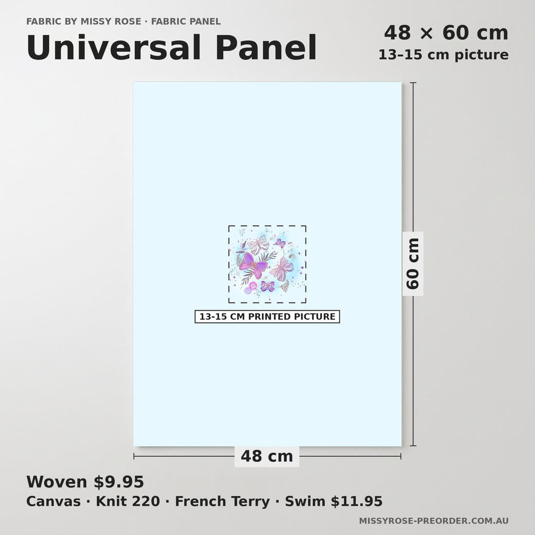Design 489 Butterfly Panel universal panel sizing – 13–15 cm printed picture on 48 × 60 cm fabric | Fabric by Missy Rose