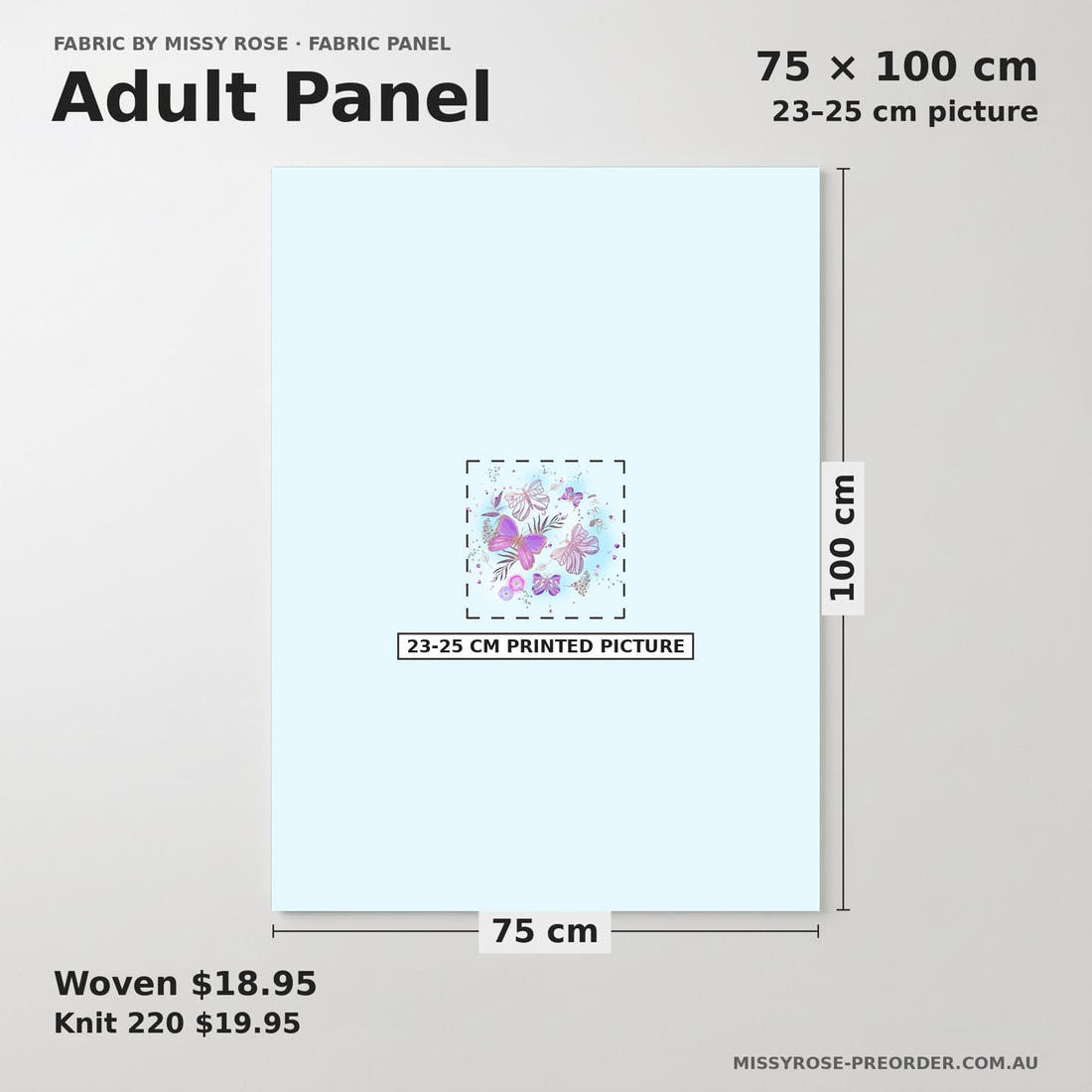 Design 489 Butterfly Panel adult panel sizing – 23–25 cm printed picture on 75 × 100 cm fabric | Fabric by Missy Rose