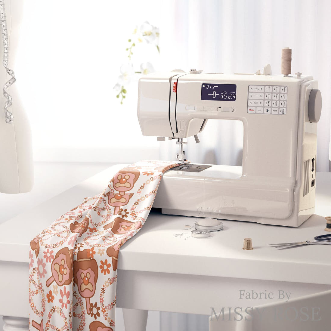 Design 49 Retro Ice Cream Fabric on a sewing machine – premium fabric for sewing projects | Fabric by Missy Rose