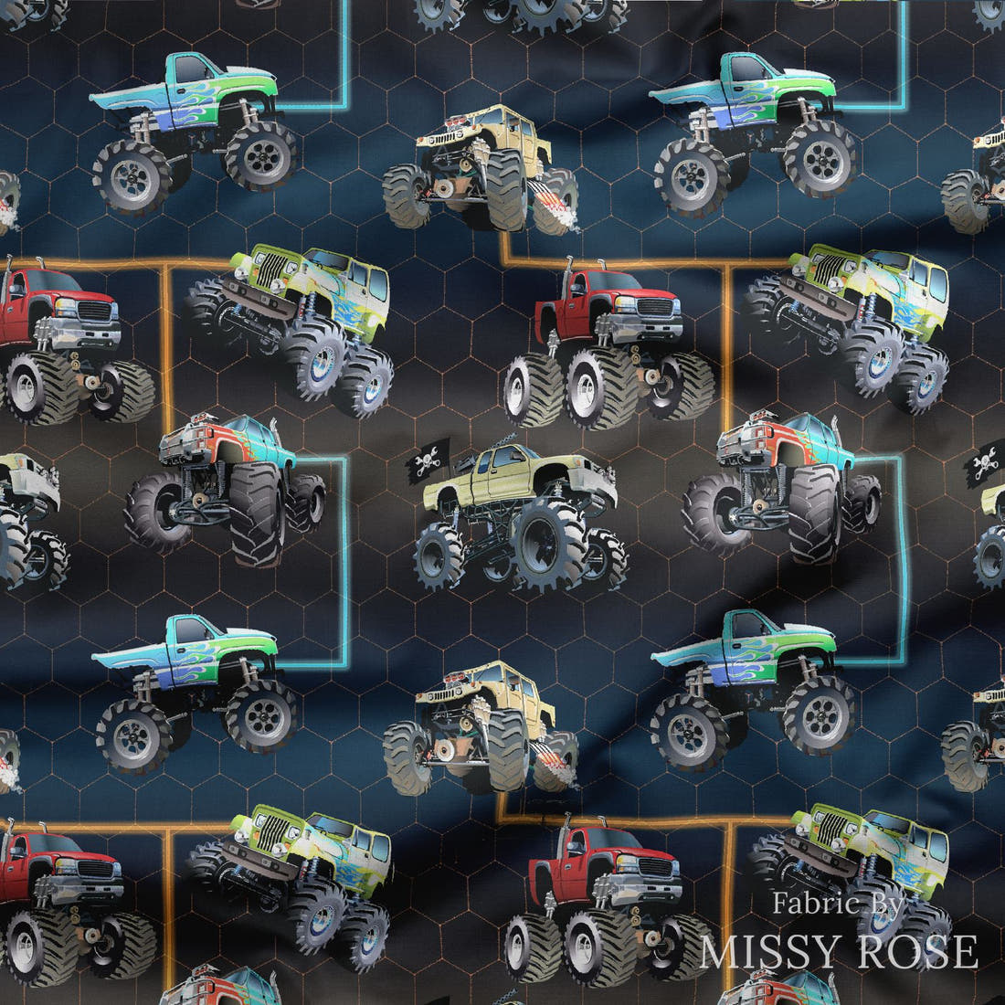 Design 490 Navy Monster Truck Fabric draped fabric mockup – custom printed fabric by the metre | Fabric by Missy Rose