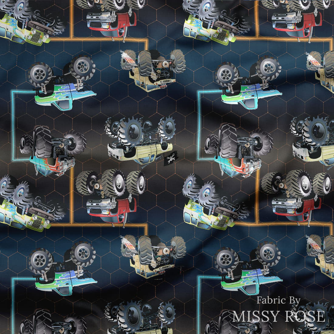 Design 490 Navy Monster Truck Fabric draped fabric mockup – custom printed fabric by the metre | Fabric by Missy Rose