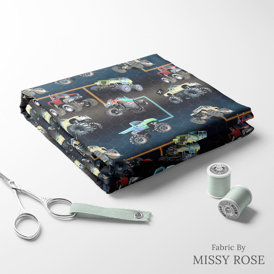 Design 490 Navy Monster Truck Fabric folded fabric stack with matching thread – pre-order fabric Australia | Fabric by Missy Rose