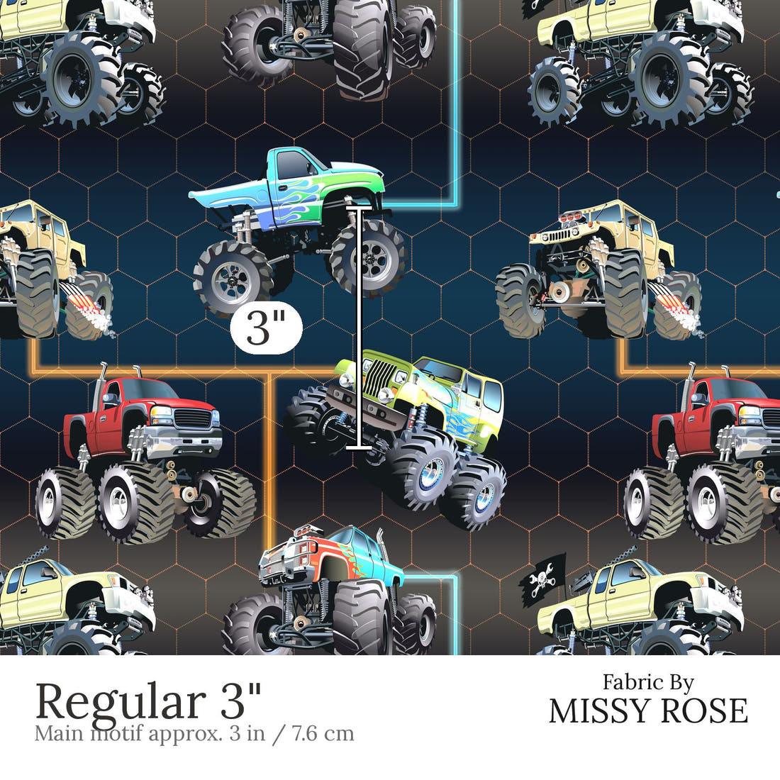 Design 490 Navy Monster Truck Fabric Regular 3 inch print scale guide | Fabric by Missy Rose