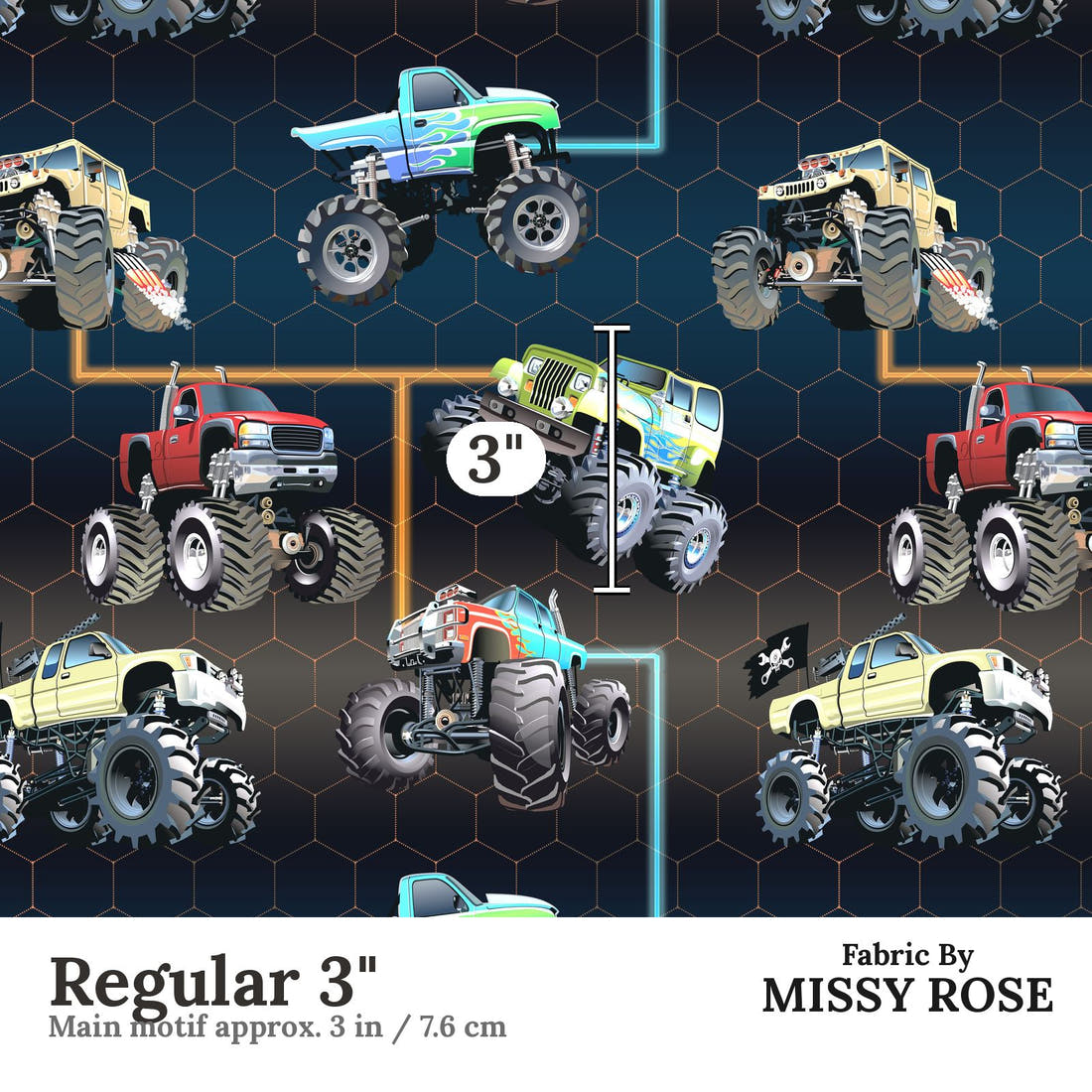 Design 490 Navy Monster Truck Fabric Regular 3" - print scale | Fabric by Missy Rose