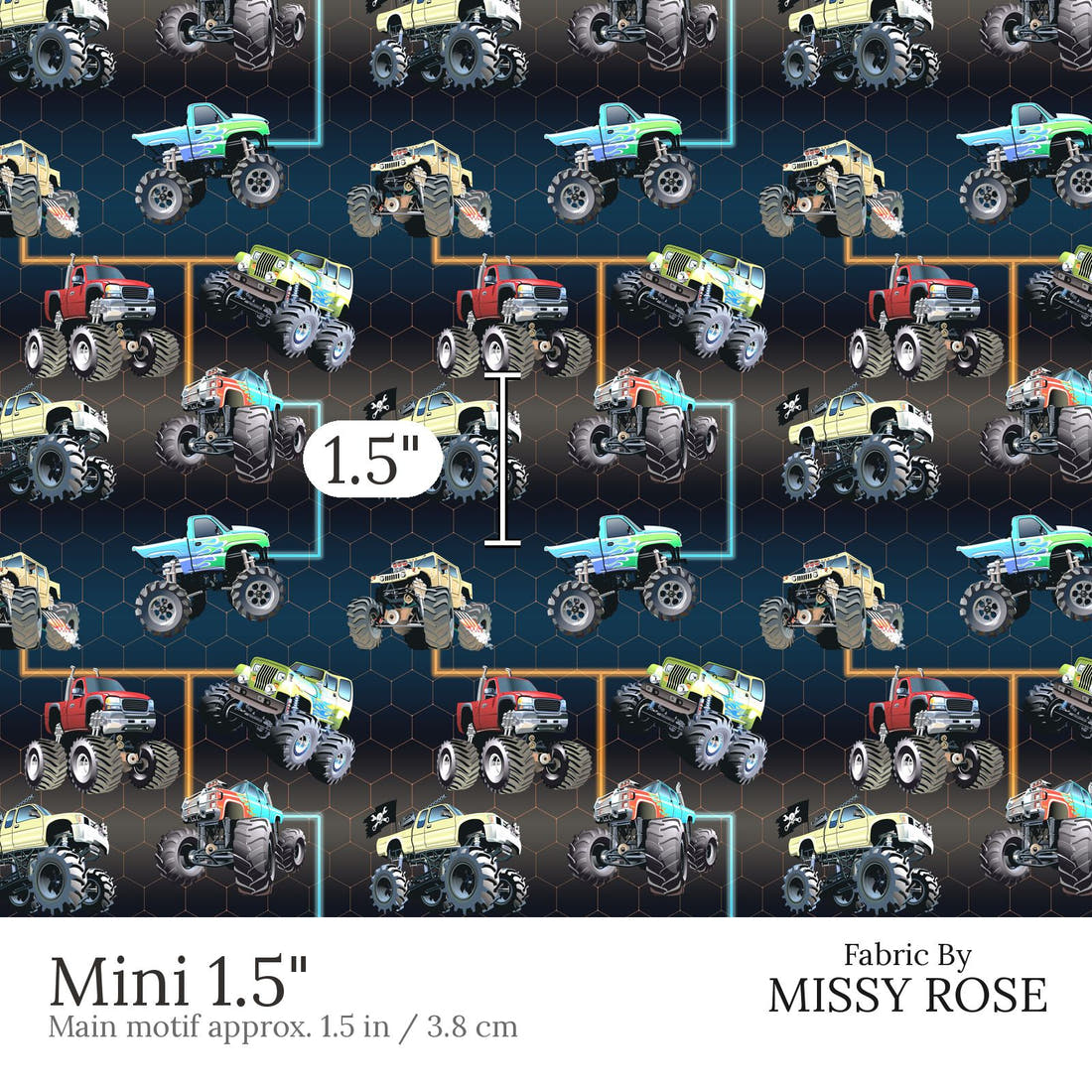 Design 490 Navy Monster Truck Fabric Mini 1.5 inch print scale guide | Fabric by Missy Rose