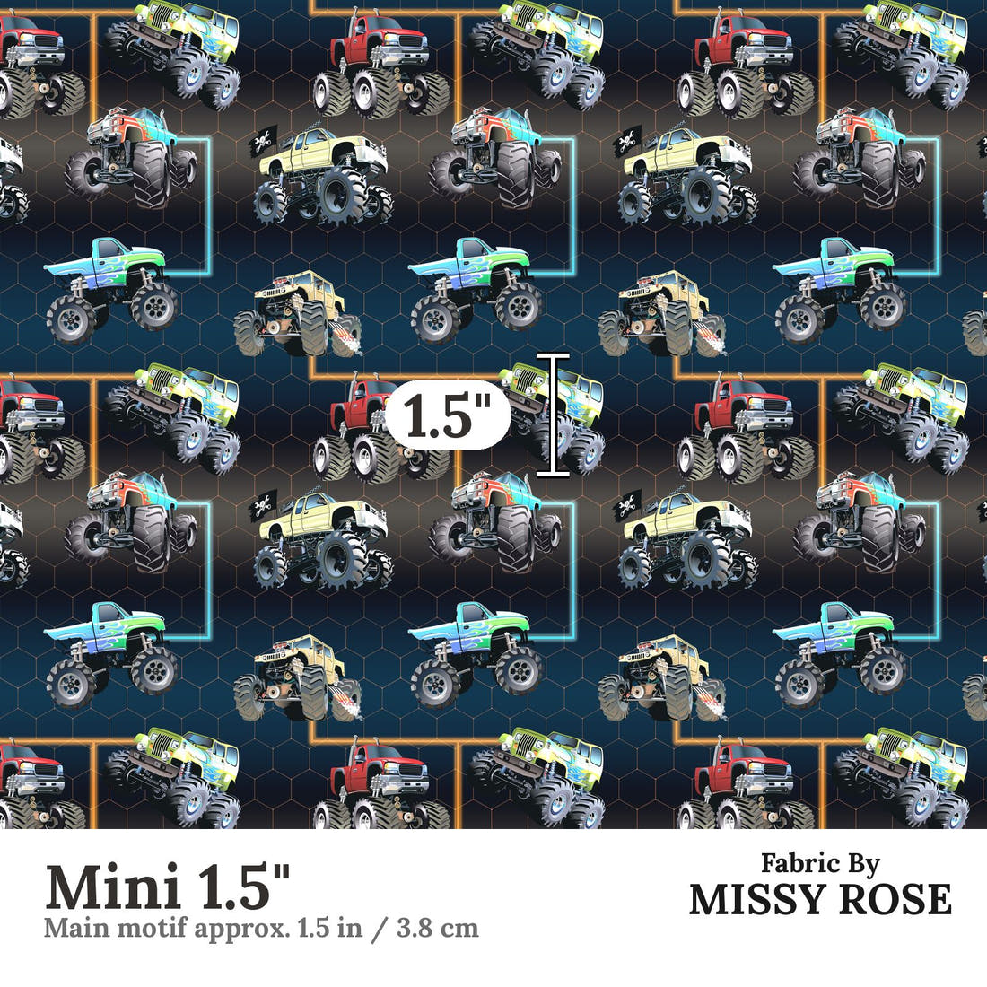 Design 490 Navy Monster Truck Fabric Mini 1.5" - print scale | Fabric by Missy Rose