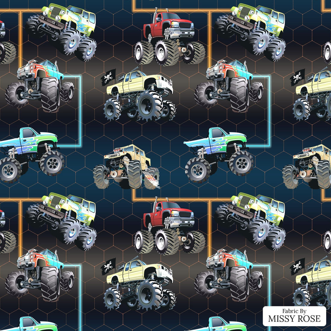Design 490 Navy Monster Truck Fabric - flat view of the print, zoom in for detail | Fabric by Missy Rose