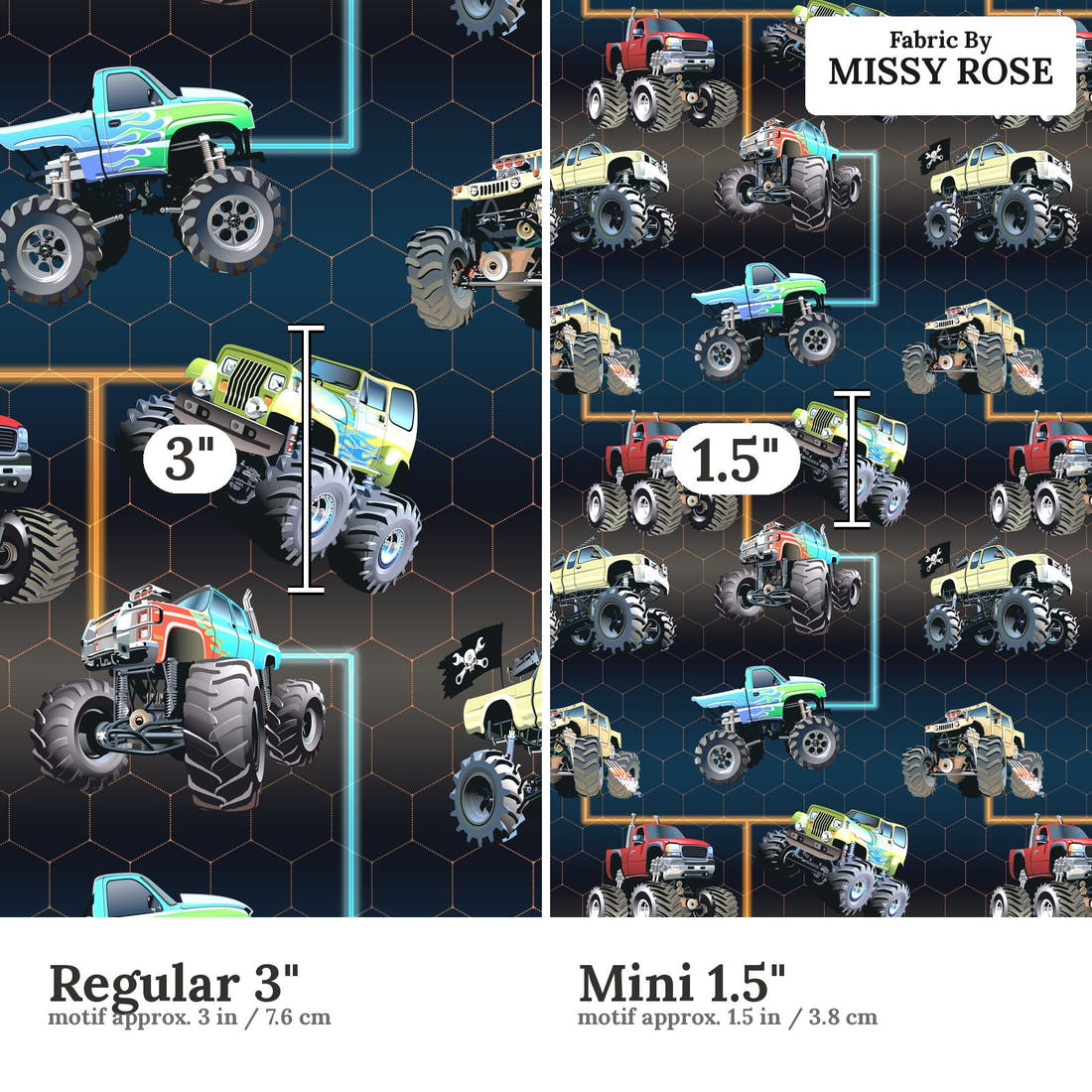 Design 490 Navy Monster Truck Fabric size comparison - print scale | Fabric by Missy Rose