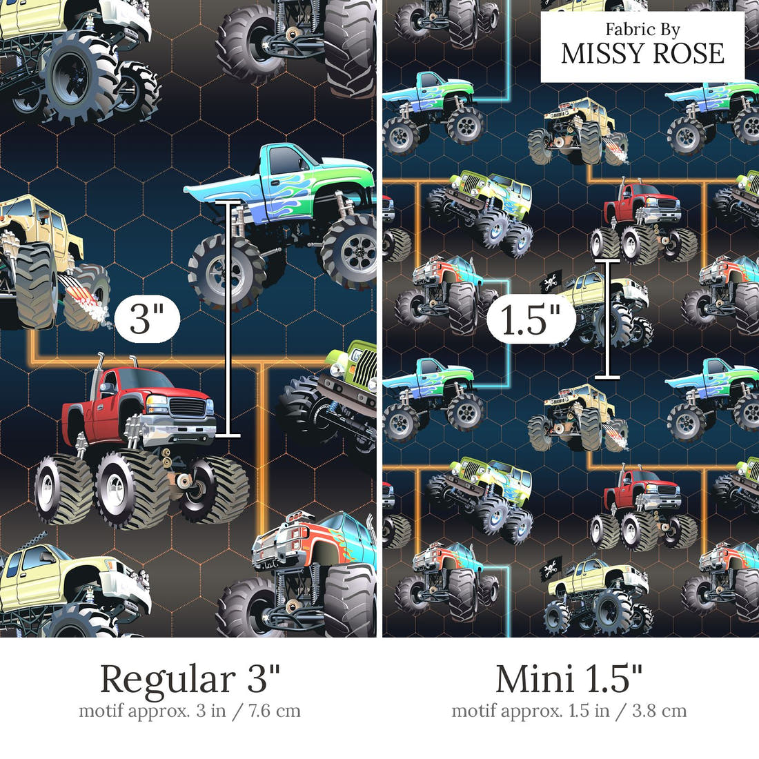 Design 490 Navy Monster Truck Fabric Regular 3 inch vs Mini 1.5 inch print scale side by side | Fabric by Missy Rose