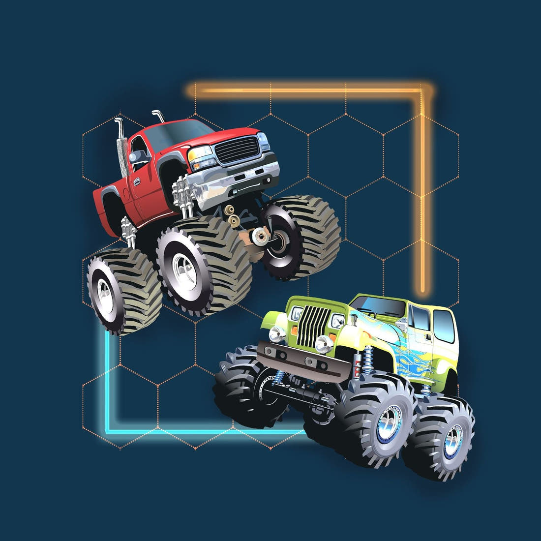 Design 490 Navy Monster Truck Panel – full artwork close-up of the printed picture | Fabric by Missy Rose