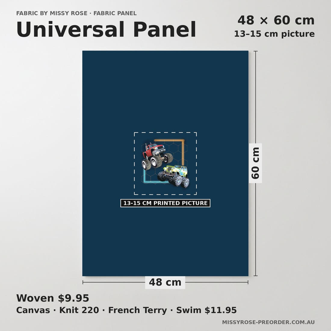 Design 490 Navy Monster Truck Panel universal panel sizing – 13–15 cm printed picture on 48 × 60 cm fabric | Fabric by Missy Rose