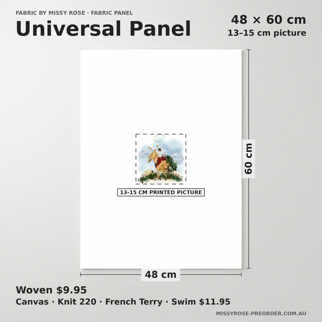 Design 491 Rodeo Panel universal panel sizing – 13–15 cm printed picture on 48 × 60 cm fabric | Fabric by Missy Rose