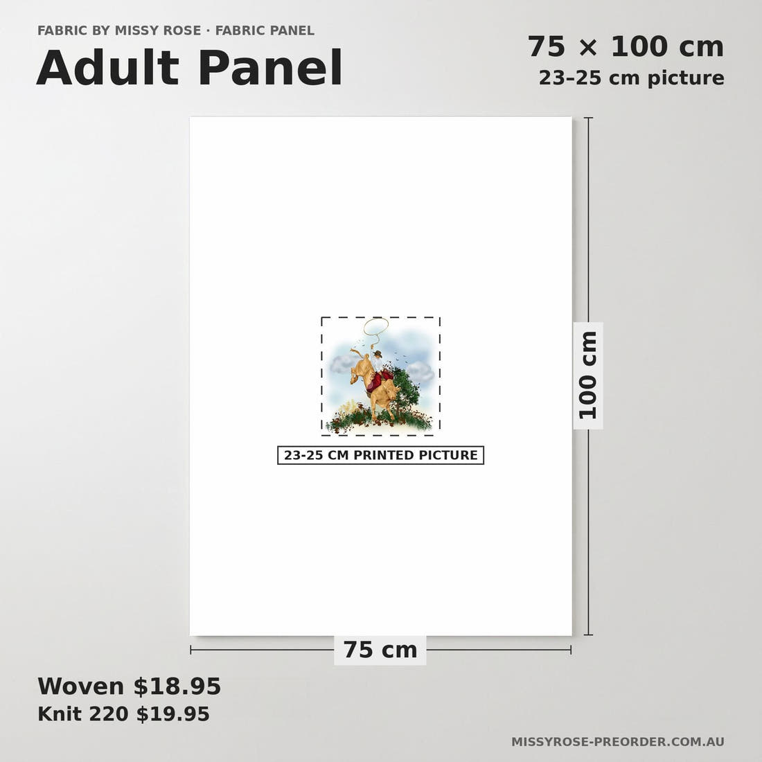 Design 491 Rodeo Panel adult panel sizing – 23–25 cm printed picture on 75 × 100 cm fabric | Fabric by Missy Rose