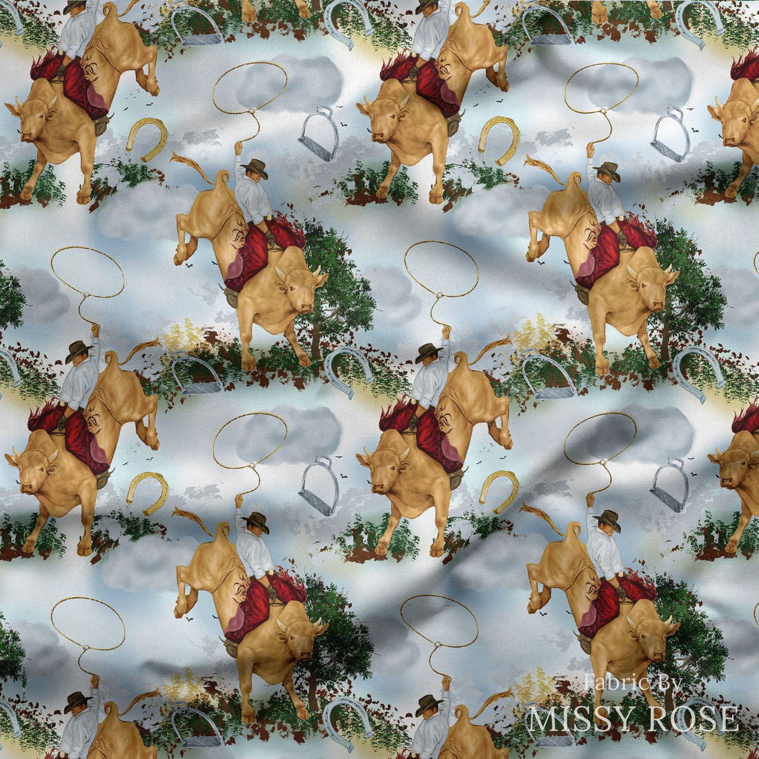 Design 491 Rodeo Fabric draped fabric mockup – custom printed fabric by the metre | Fabric by Missy Rose