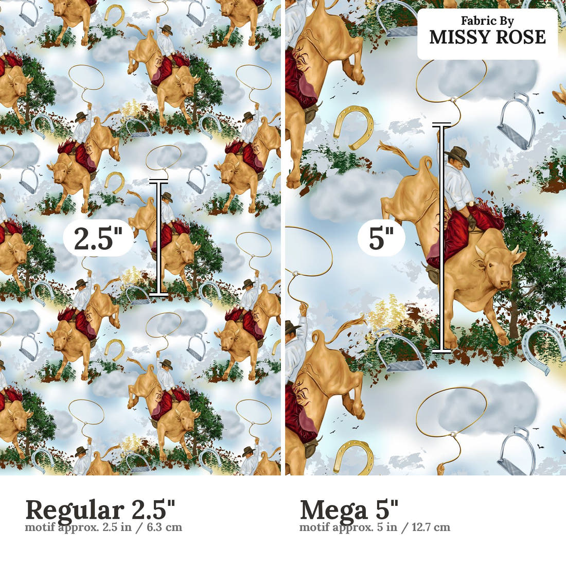 Design 491 Rodeo Fabric size comparison - print scale | Fabric by Missy Rose