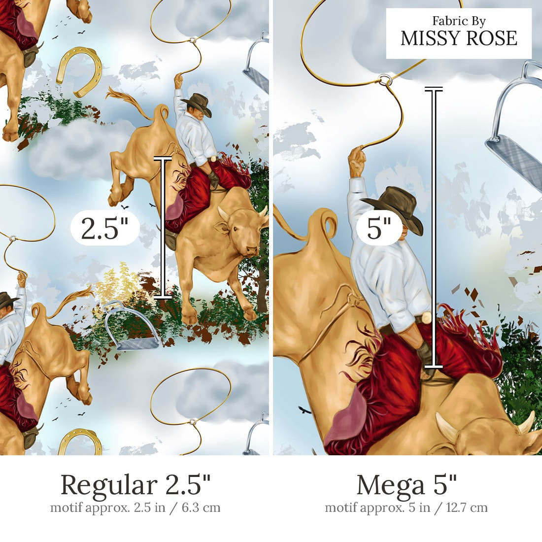 Design 491 Rodeo Fabric Regular 2.5 inch vs Mega 5 inch print scale side by side | Fabric by Missy Rose