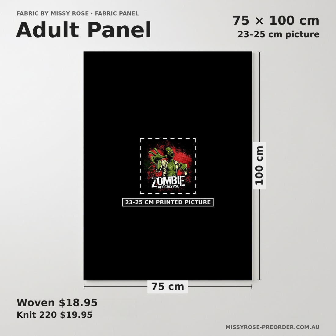 Design 492 Zombie Panel adult panel sizing – 23–25 cm printed picture on 75 × 100 cm fabric | Fabric by Missy Rose