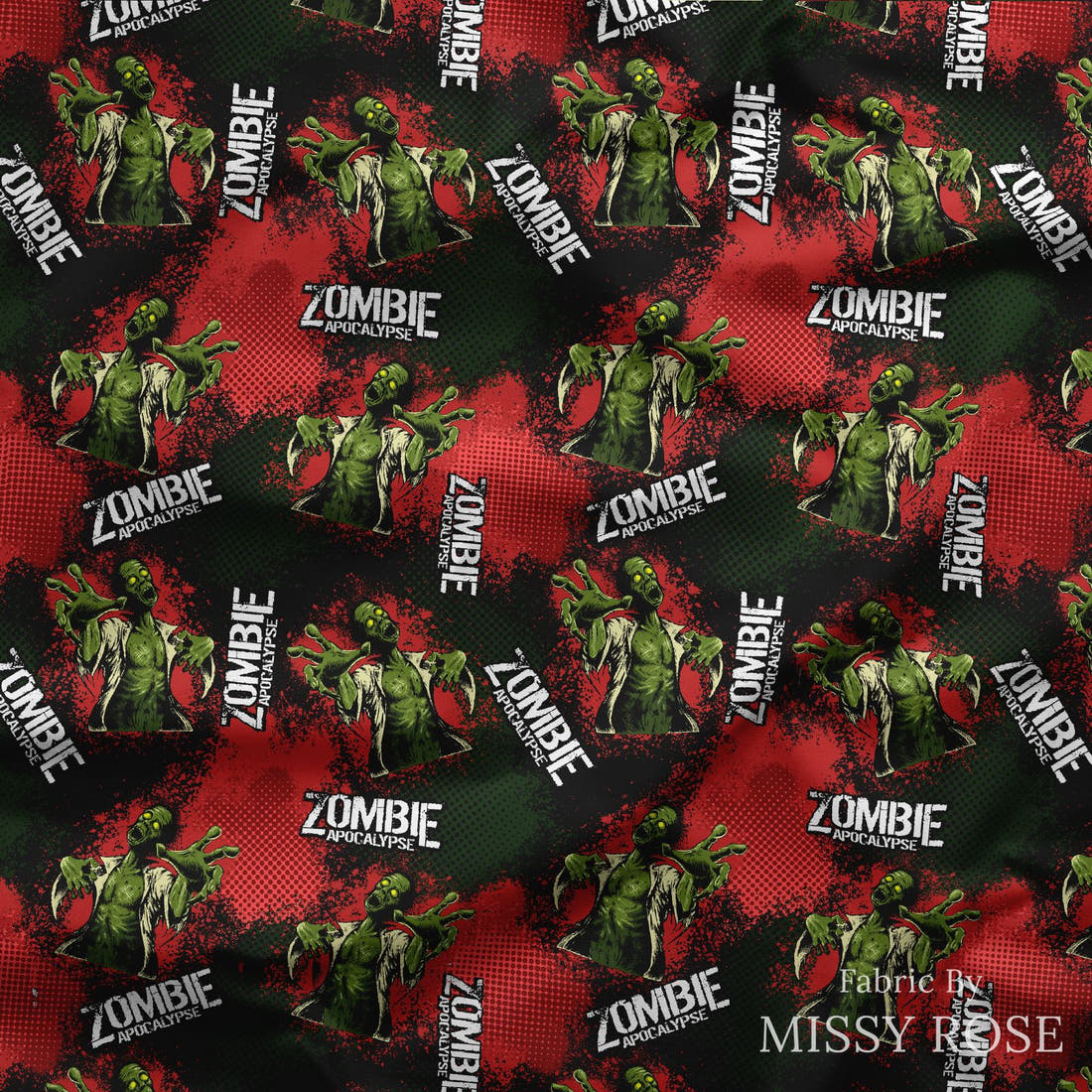 Design 492 Zombie Fabric draped fabric mockup – custom printed fabric by the metre | Fabric by Missy Rose