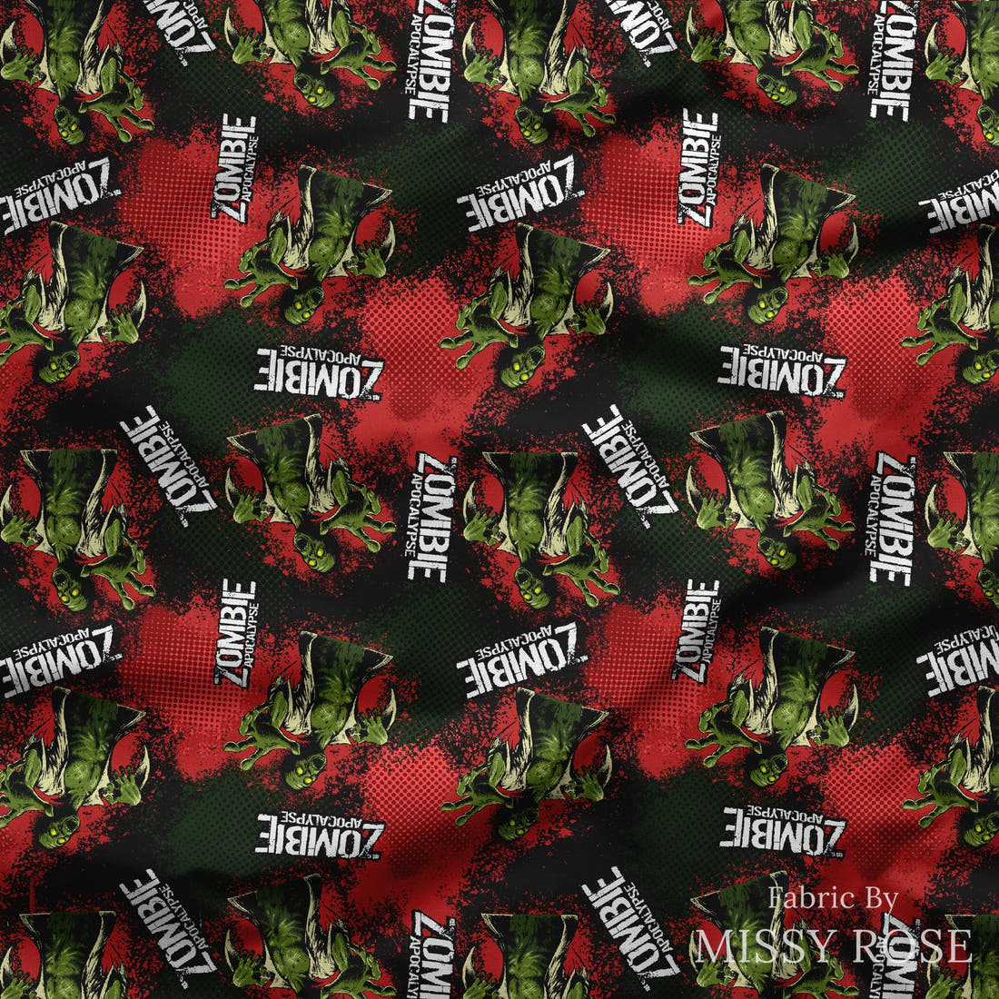 Design 492 Zombie Fabric draped fabric mockup – custom printed fabric by the metre | Fabric by Missy Rose