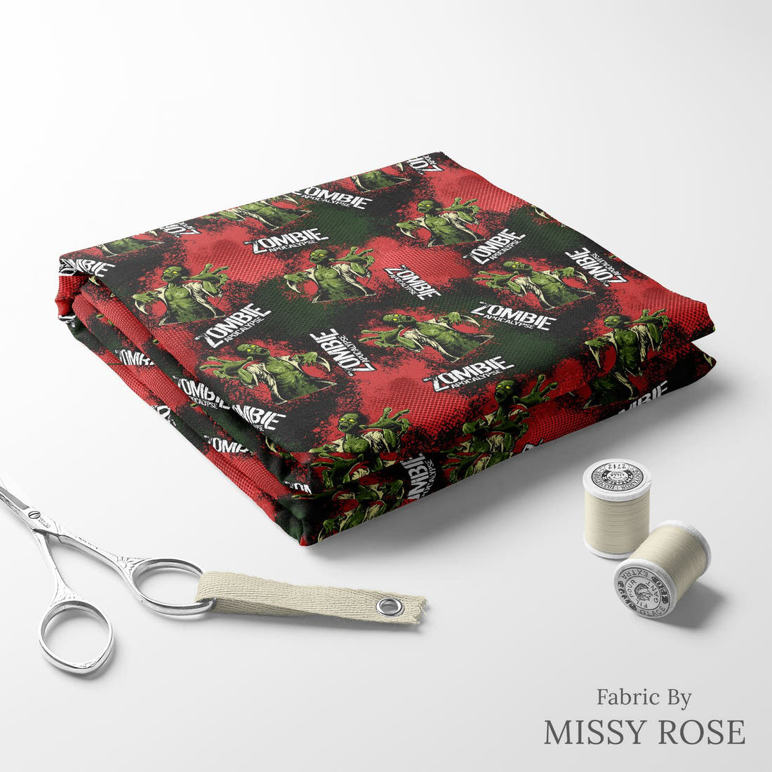 Design 492 Zombie Fabric folded fabric stack with matching thread – pre-order fabric Australia | Fabric by Missy Rose