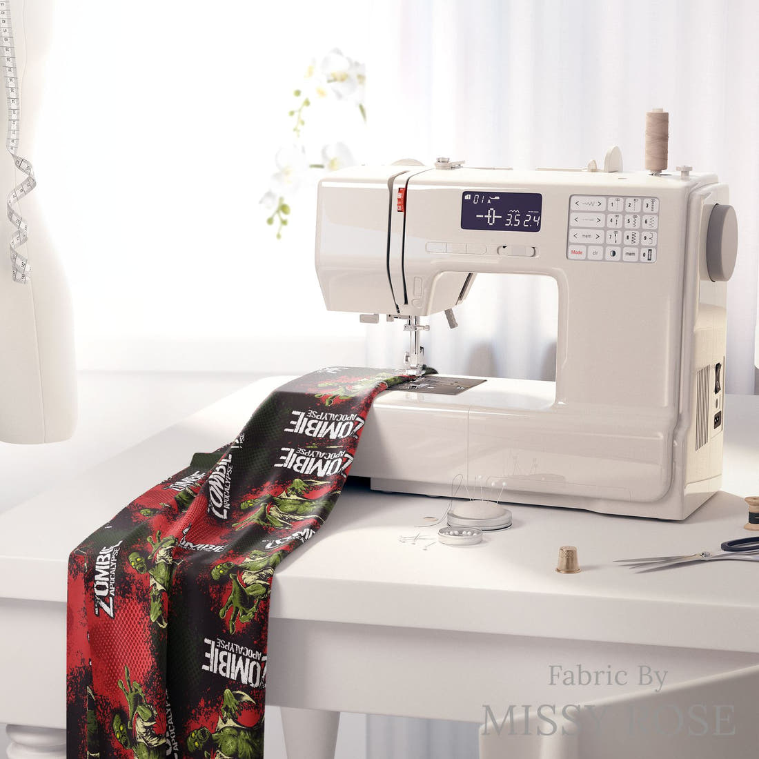 Design 492 Zombie Fabric on a sewing machine – premium fabric for sewing projects | Fabric by Missy Rose