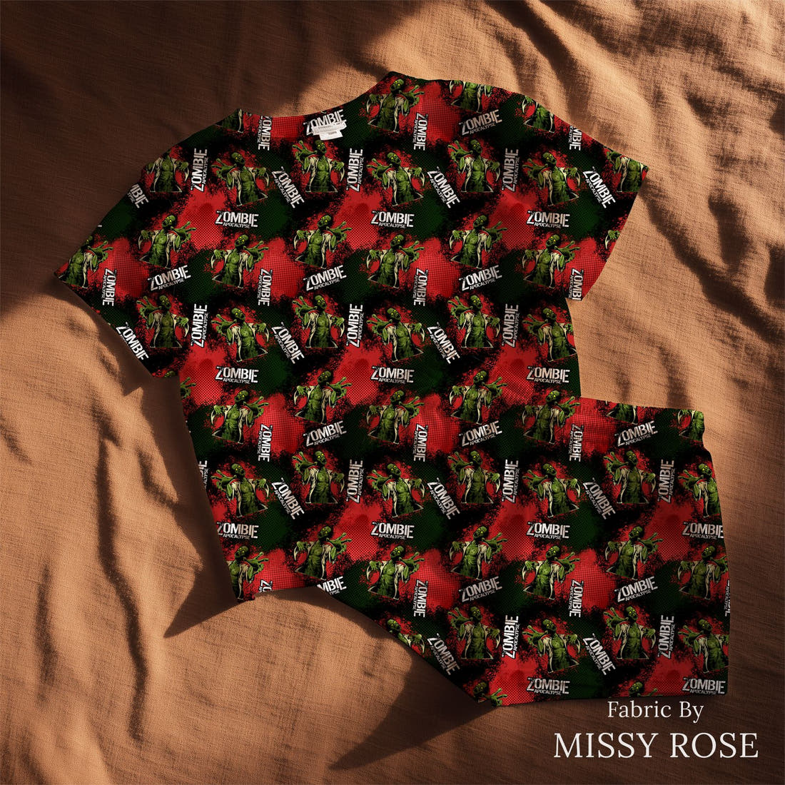 Design 492 Zombie Fabric sewn into a lounge set – see how the print looks made up | Fabric by Missy Rose