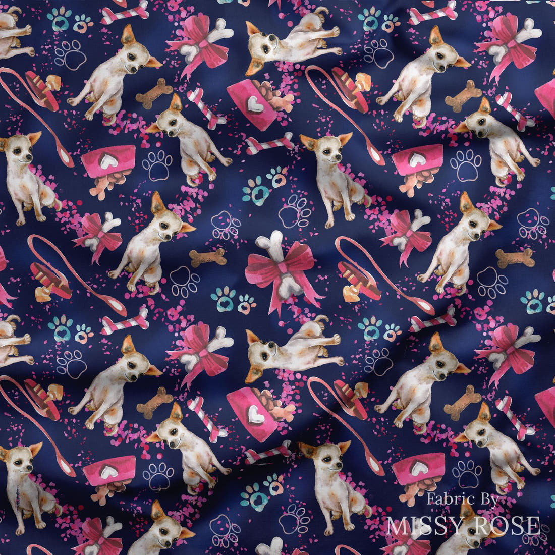 Design 493 Chiwawa Fabric draped fabric mockup – custom printed fabric by the metre | Fabric by Missy Rose