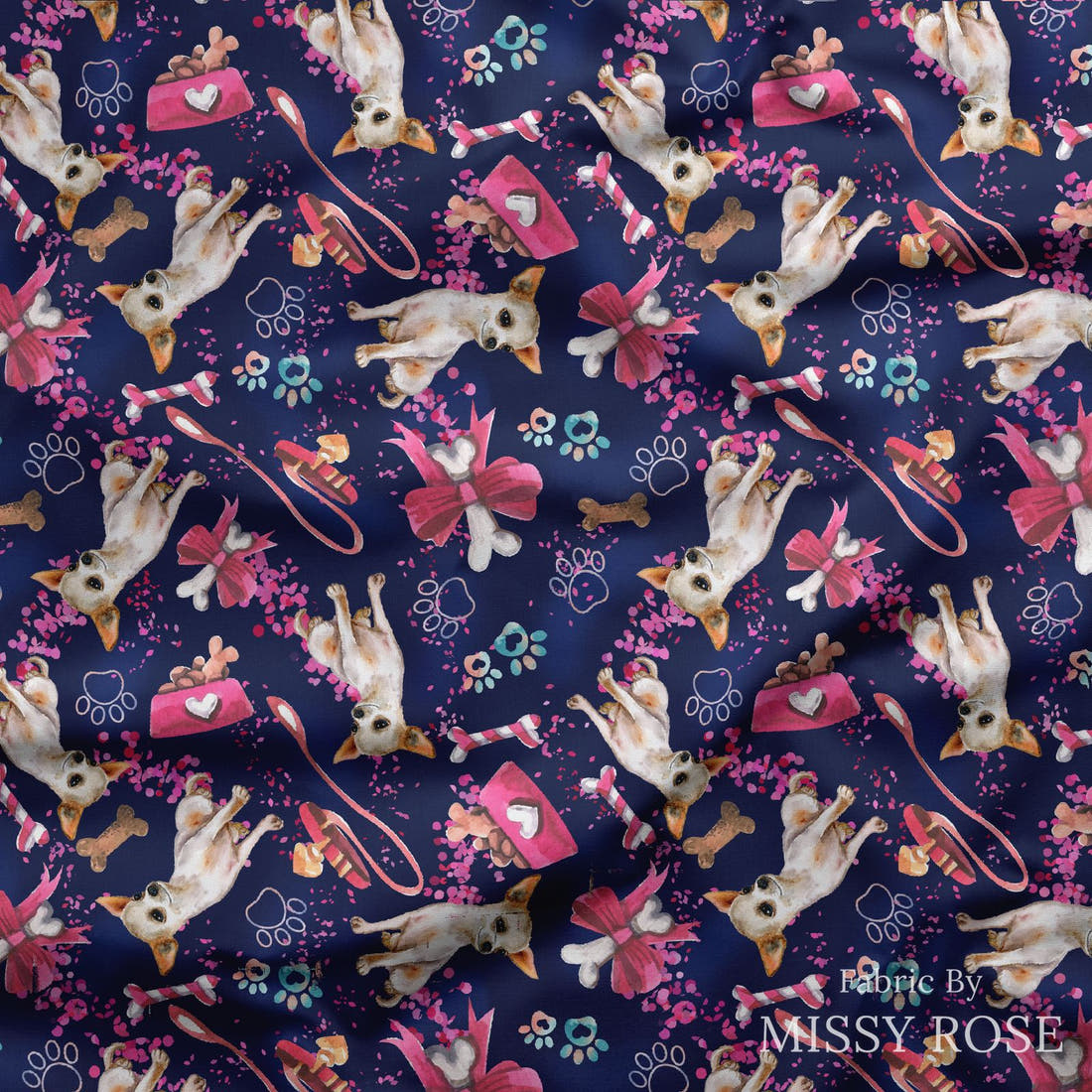 Design 493 Chiwawa Fabric draped fabric mockup – custom printed fabric by the metre | Fabric by Missy Rose