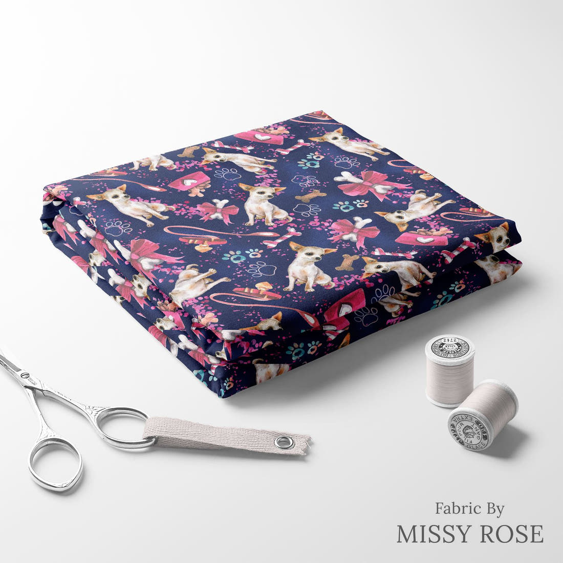 Design 493 Chiwawa Fabric folded fabric stack with matching thread – pre-order fabric Australia | Fabric by Missy Rose