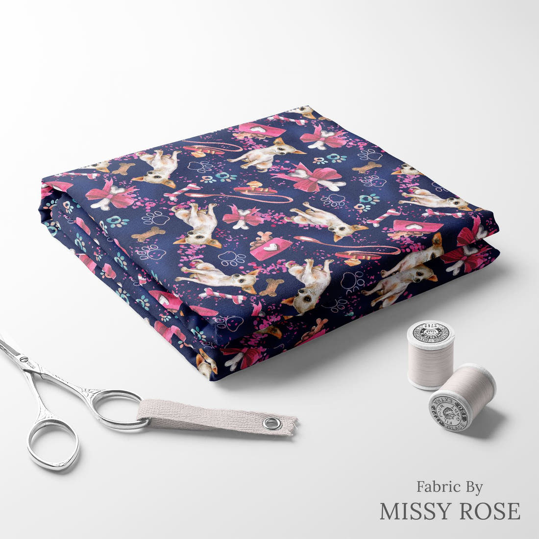 Design 493 Chiwawa Fabric folded fabric stack with matching thread – pre-order fabric Australia | Fabric by Missy Rose