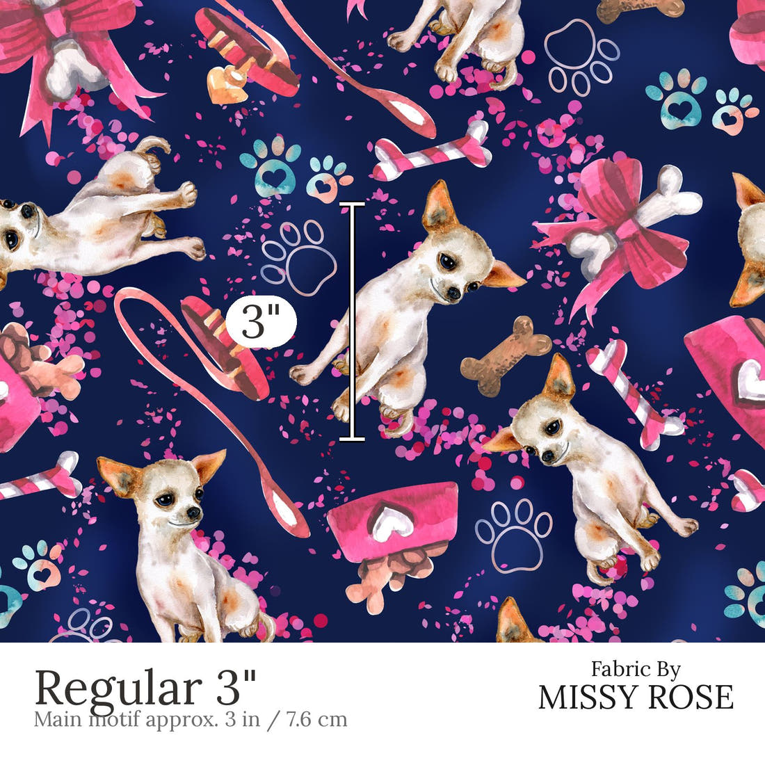Design 493 Chiwawa Fabric Regular 3 inch print scale guide | Fabric by Missy Rose