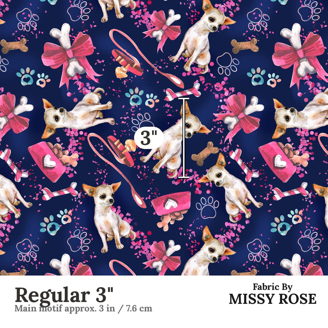 Design 493 Chihuahua Fabric Regular 3" - print scale | Fabric by Missy Rose
