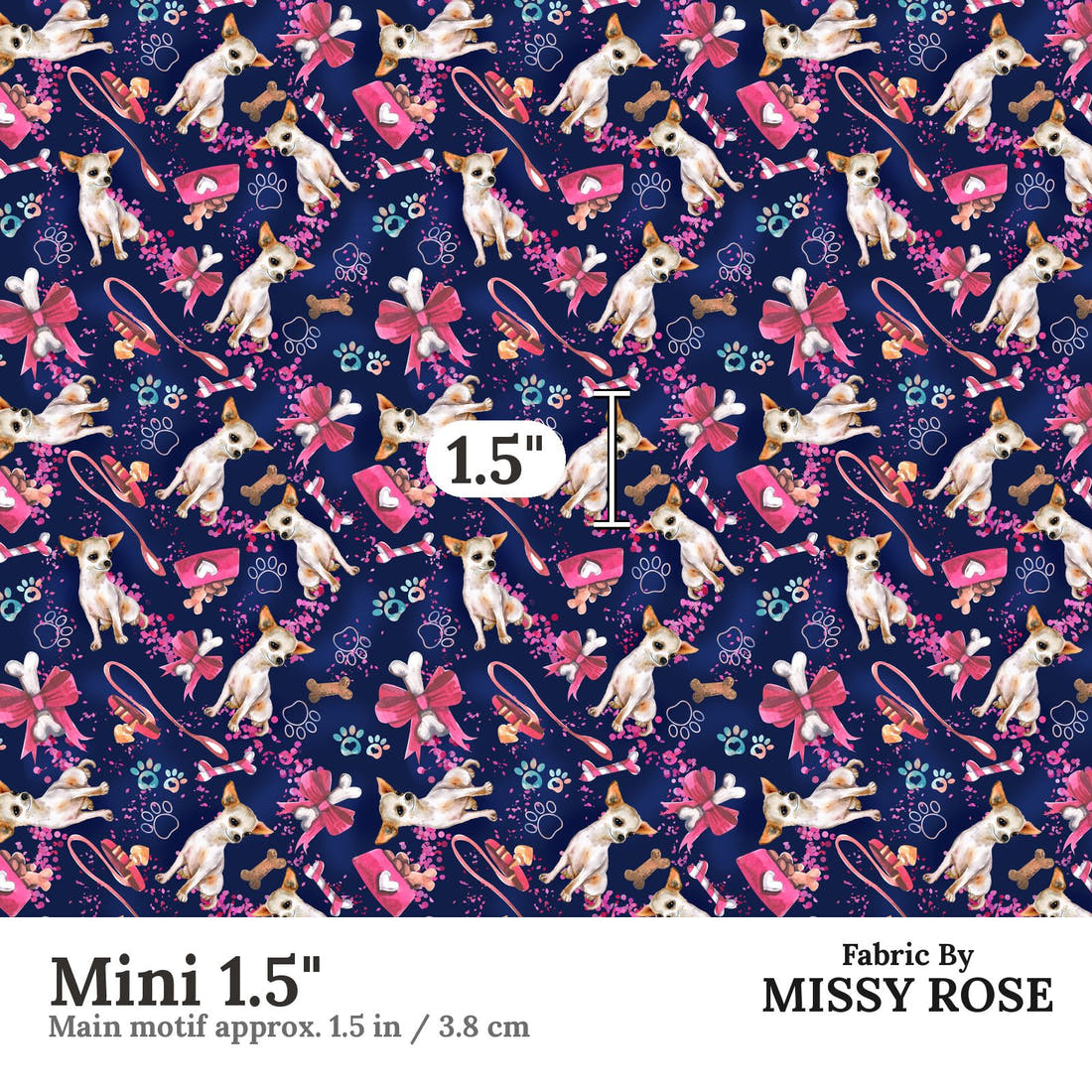 Design 493 Chihuahua Fabric Mini 1.5" - print scale | Fabric by Missy Rose