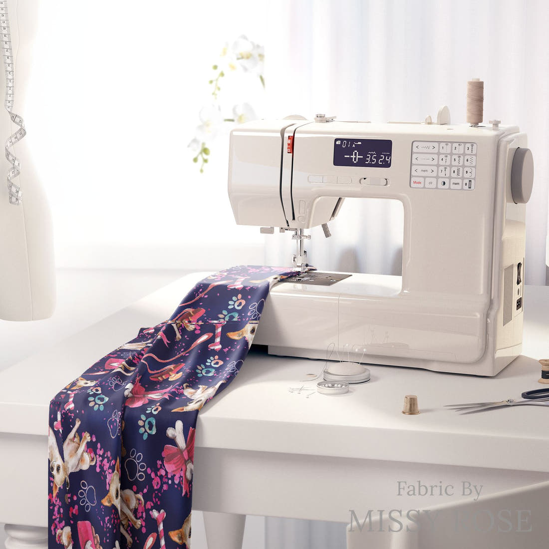 Design 493 Chiwawa Fabric on a sewing machine – premium fabric for sewing projects | Fabric by Missy Rose